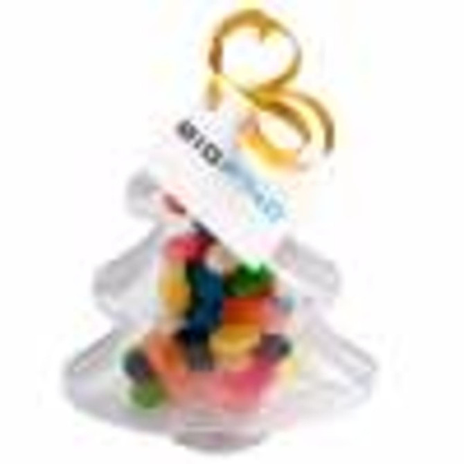 Acrylic tree-shaped container filled with colourful jelly beans, finished with a ribbon and a branded tag.