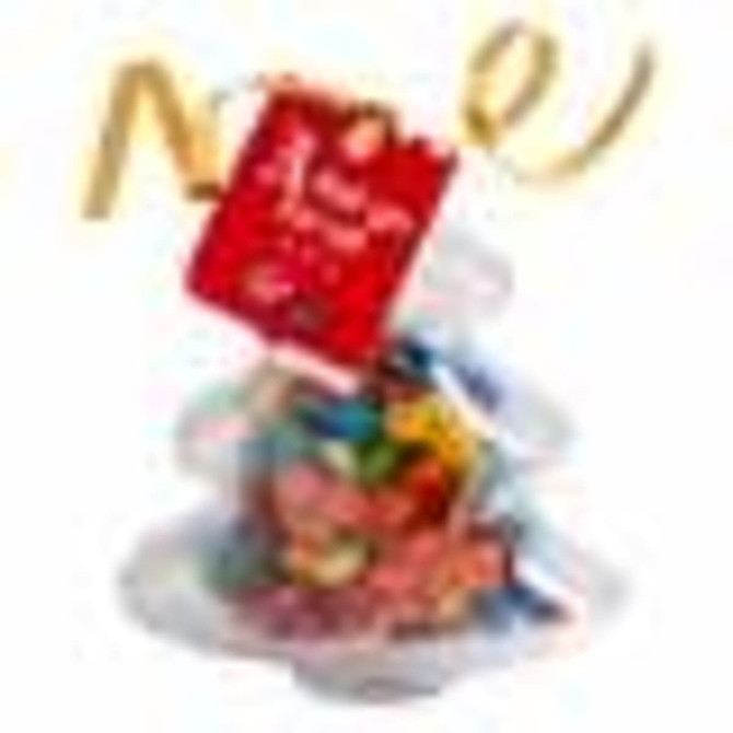 Acrylic tree filled with multicoloured M&Ms, presented in a holiday-themed design with a tag.