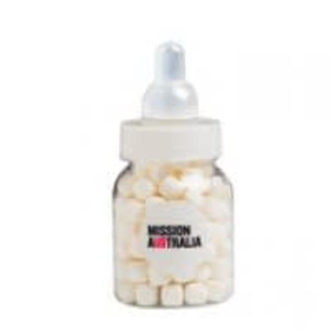 A drink bottle filled with white mints, featuring a pale lid and a branding logo.