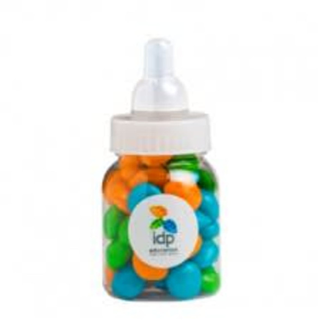 A drink bottle filled with chewy fruit in bright blue, green, and orange colours, featuring a logo on the front.