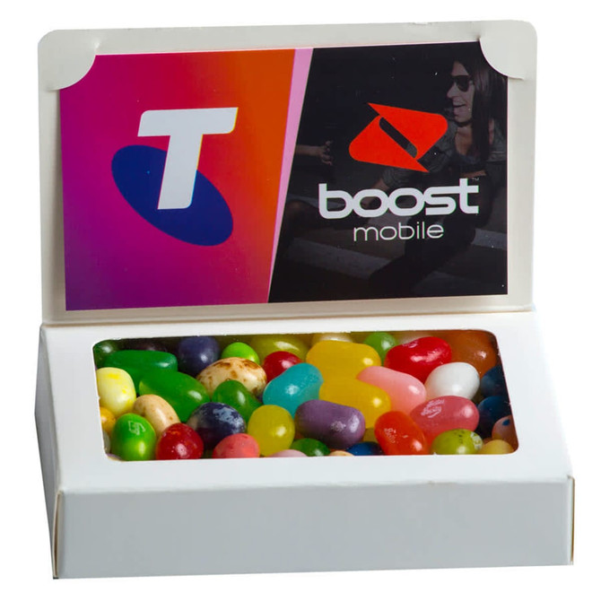 A white box filled with colourful JELLY BELLY jelly beans, featuring a logo on the front.