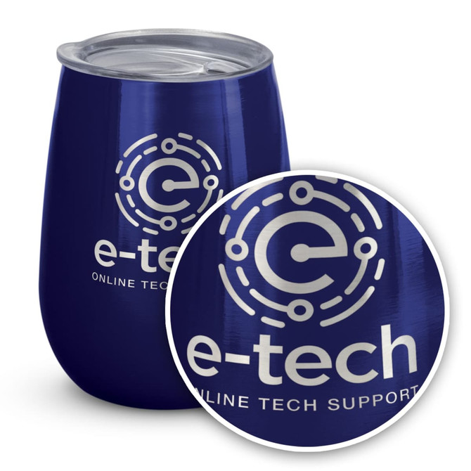 A drink bottle featuring a navy blue design with a stainless steel lid and a logo. Suitable for travel and outdoor use.