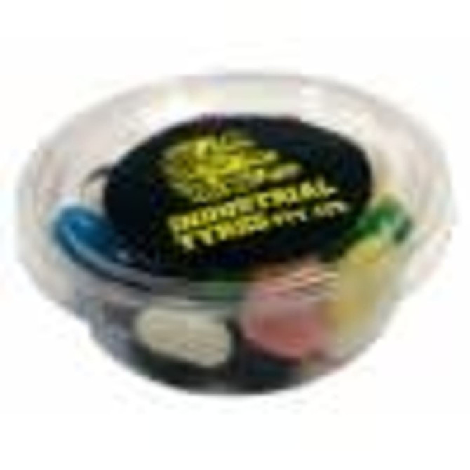 A clear tub filled with colourful jelly beans, featuring various shapes and sizes. The tub has a lid with a logo.