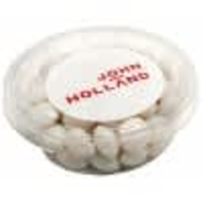 A clear tub filled with white mints, featuring a label with branding on the lid.