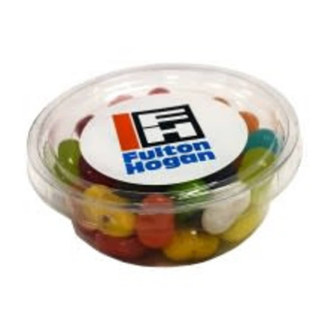 A tub filled with colourful JELLY BELLY jelly beans, featuring a logo on the lid.