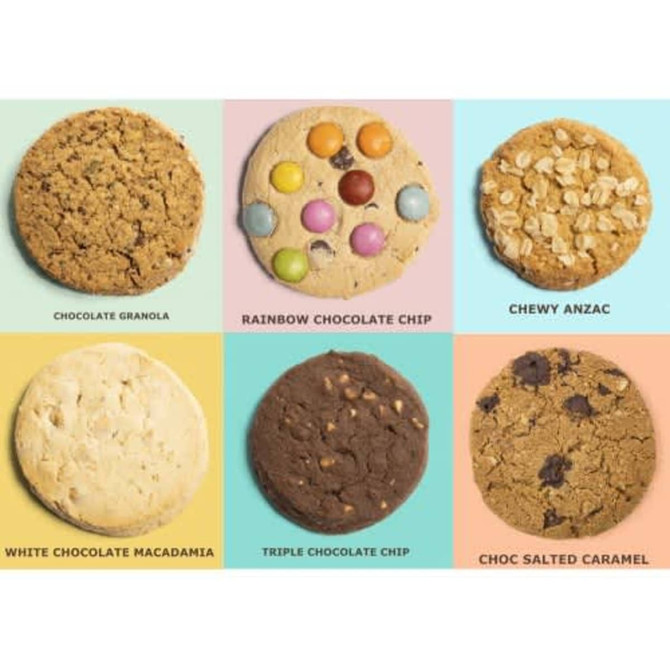 A selection of six cookies: chocolate granola, rainbow chocolate chip, chewy Anzac, white chocolate macadamia, triple chocolate chip, and choc salted caramel.