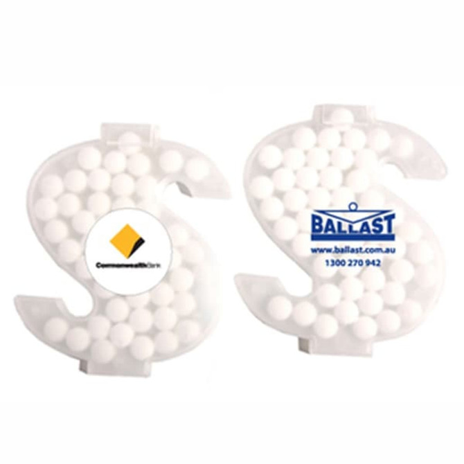 A mint card shaped like a dollar sign, filled with white mints, featuring branding on both sides.