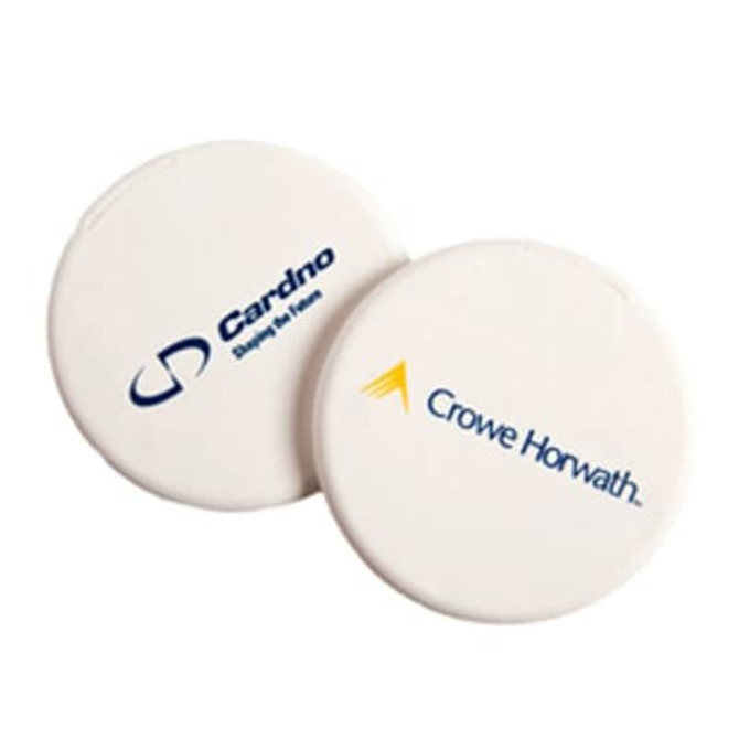 Two circular mint cards in white, featuring branding logos on one side.