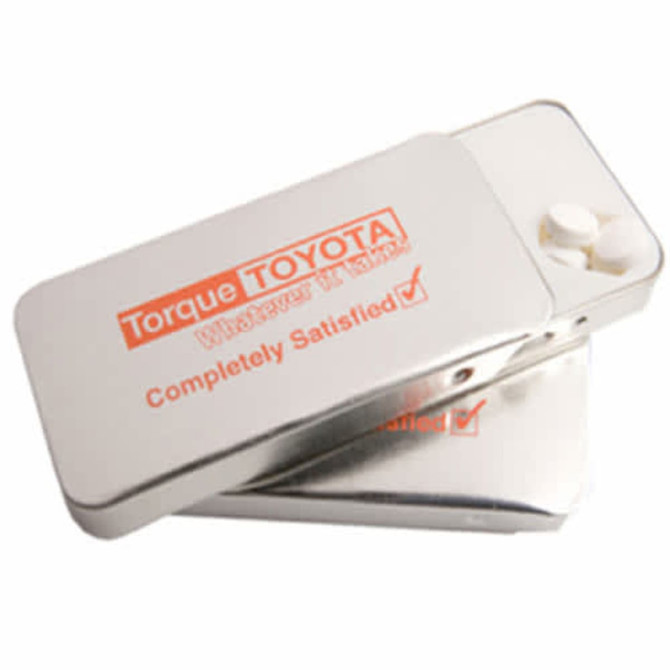 A silver slide tin containing mints, featuring a logo and additional pad print colours.