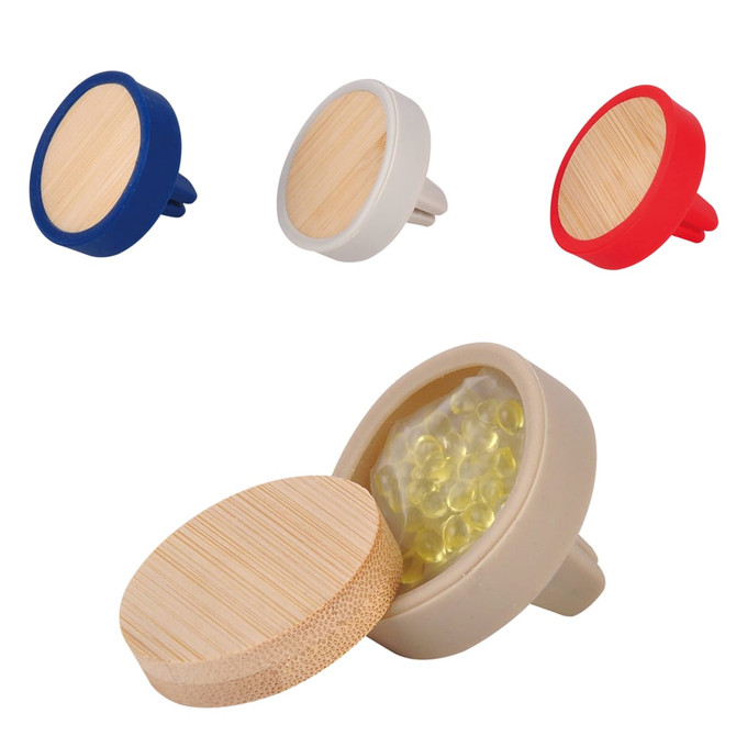 A set of four car air fresheners in red, white, blue, and beige, featuring bamboo lids and visible gel beads inside.