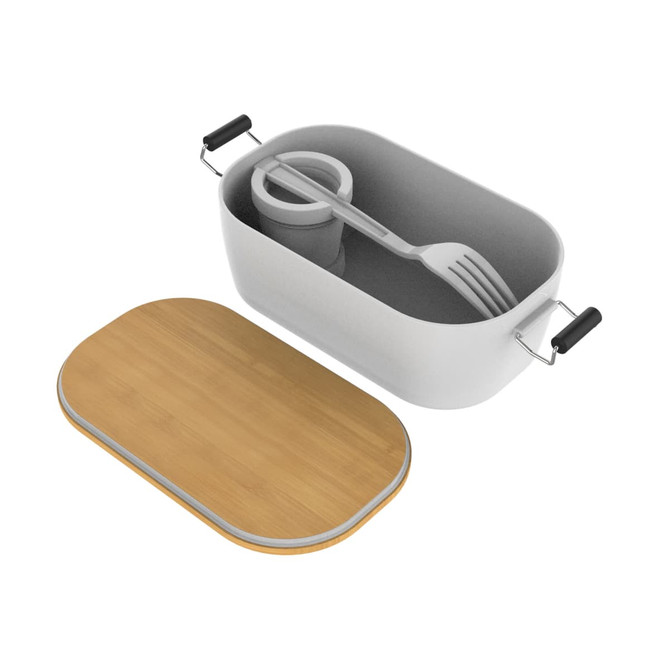 A rectangular salad box with a bamboo lid, featuring a fork and a small container inside. The body is grey.