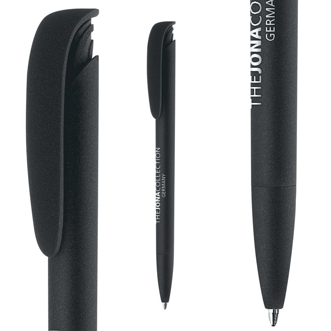 A black plastic pen with a soft grip, featuring a logo on the side. The design includes a curved cap.