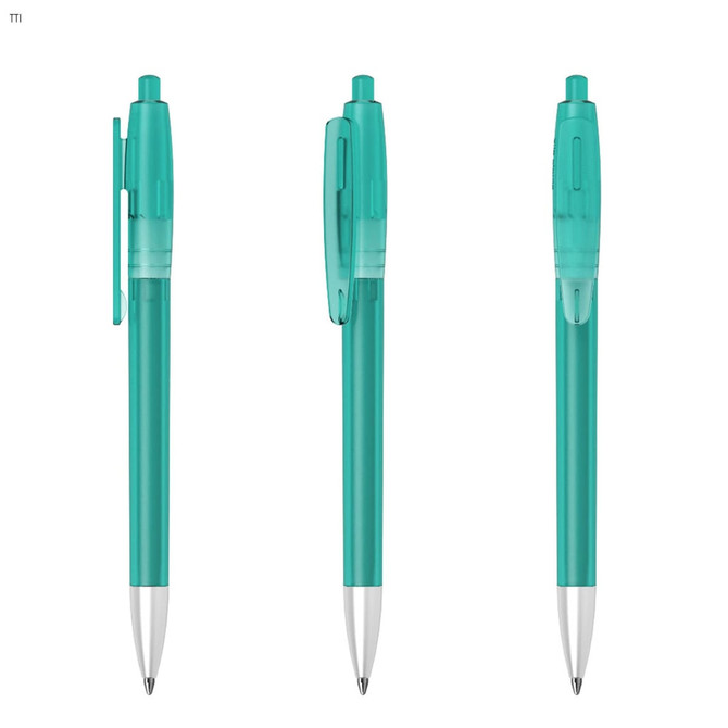 A teal plastic pen with a clear clip and trim, featuring a silver tip and a branding logo.