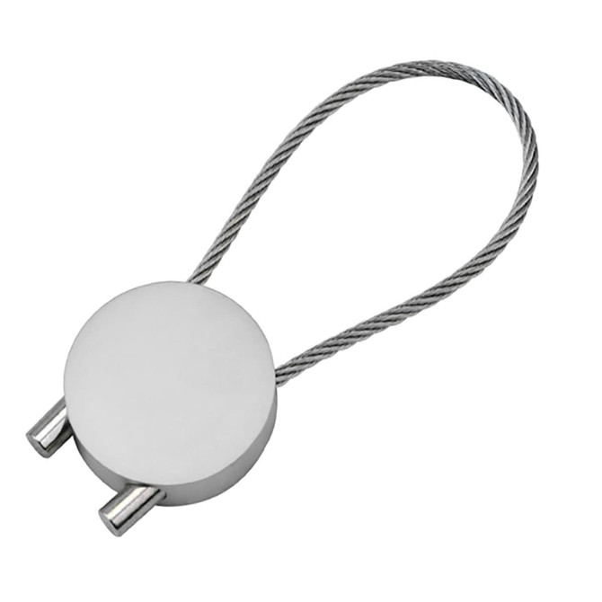 A silver cable key ring with a circular top and two protruding pins attached to a metal loop.