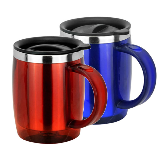 A travel mug set featuring a red and a blue mug, both with a silver band and black lids.