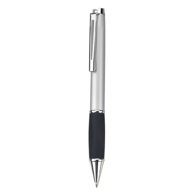 A silver metal pen with a black grip and a clip at the top, featuring a branding logo.