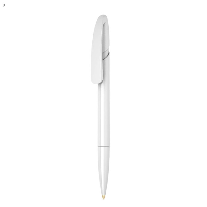 A white plastic pen with a sleek design and a clip, featuring a branding logo.