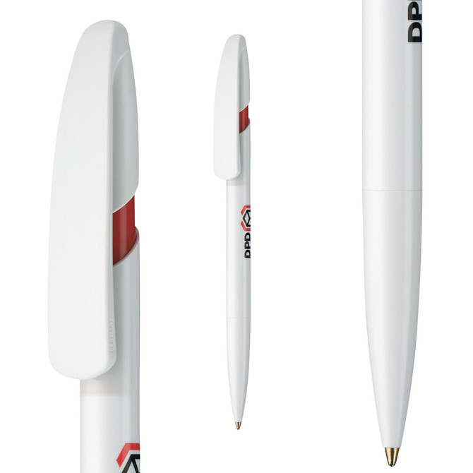 A plastic pen in white with a red accent and a branding logo. The pen features a sleek design and a clip.