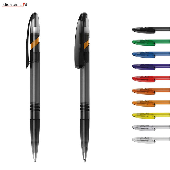 A black plastic pen with a transparent barrel, alongside various coloured ink options in a row. It features a logo.