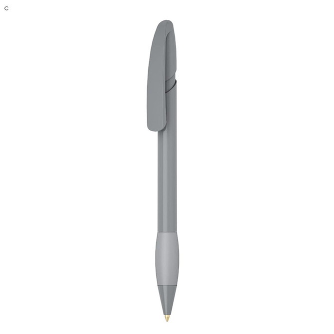A grey plastic pen with a sleek design featuring a clip and a rounded tip. It has a simple branding logo.