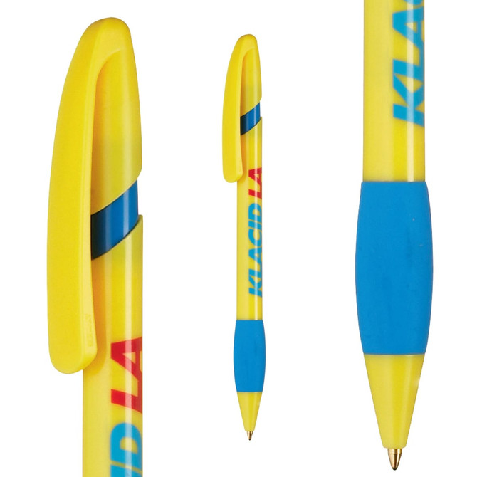 A plastic pen featuring a bright yellow body with a blue grip and clip. The pen has a logo on its surface.