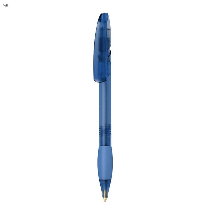 A blue plastic pen with a translucent barrel and a clip for easy attachment. It features a logo on its surface.
