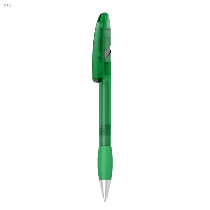 A green plastic pen featuring a transparent barrel and a solid green grip. It has a branding logo.
