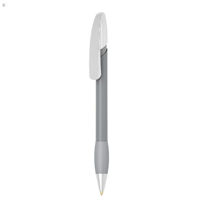 A plastic pen in grey with a silver clip, featuring a simple design and an unspecified logo.