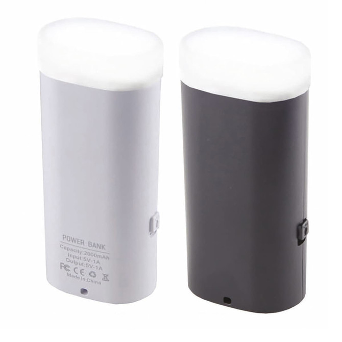 A pair of power banks in silver and black, featuring rounded tops and a logo on the side.