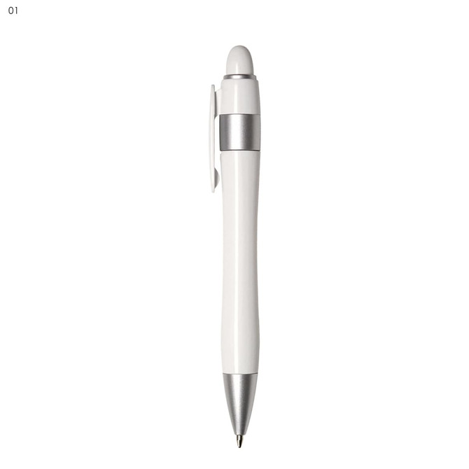 A plastic pen in white with silver accents and a clip, featuring a rounded top. It has a logo on the body.