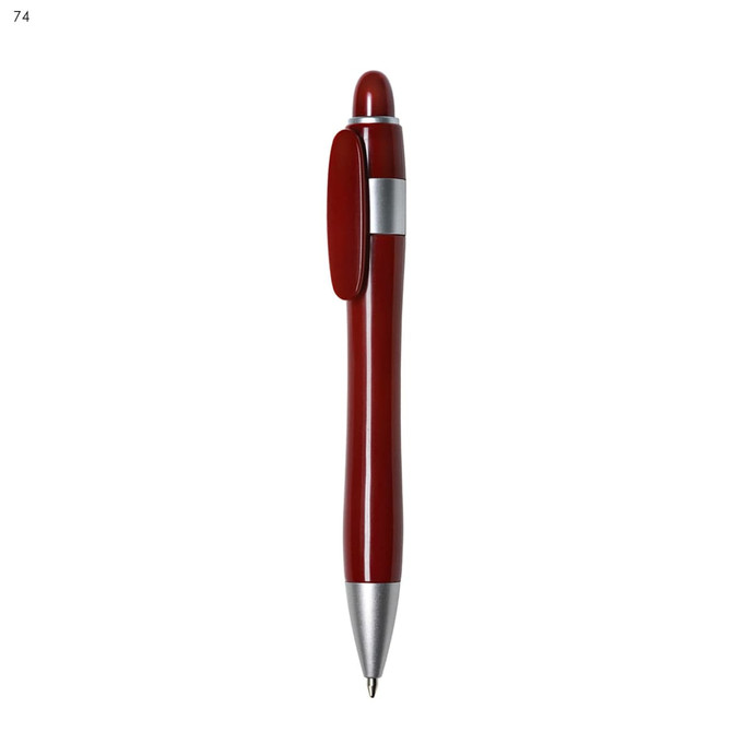 A red plastic pen with a silver clip and tip, featuring a logo on its surface.