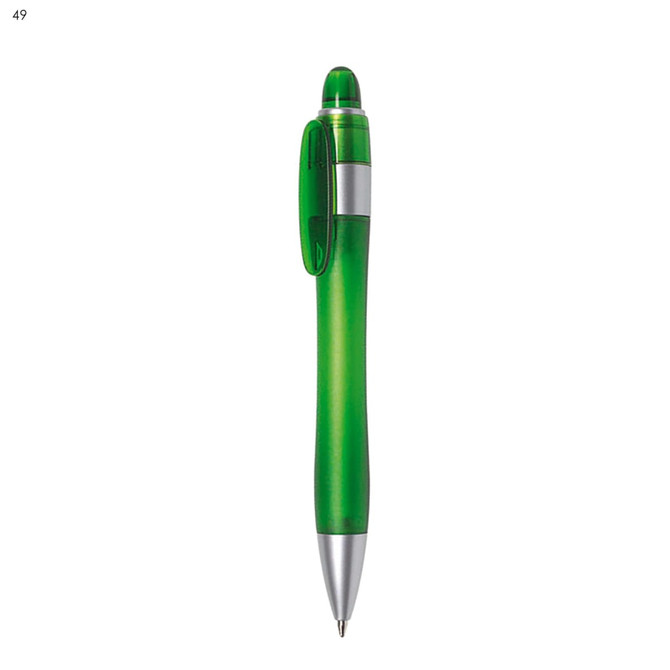 A green plastic pen with a silver clip and tip, featuring a transparent, frosted design.