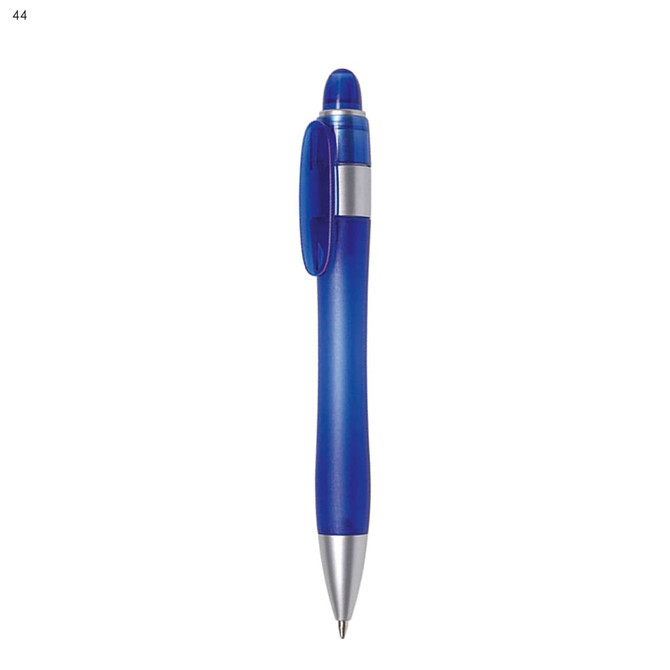 A blue plastic pen with a silver clip and tip, featuring a logo on its body.