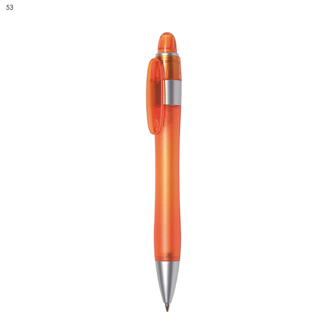 An orange plastic pen with a transparent body, silver accents, and a clip. It features a branding logo.