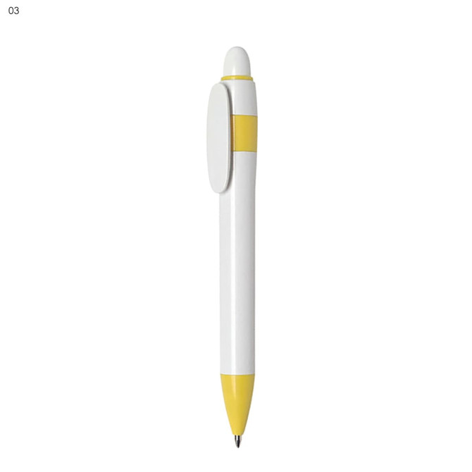 A plastic pen featuring a white body with yellow accents and a branding logo on the side.