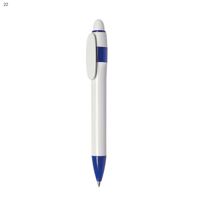 A plastic pen in white and blue, featuring a clip and rounded top, with a logo visible.