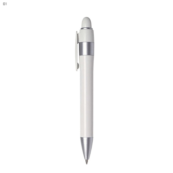 A white plastic pen with a silver clip and tip, featuring a round top that resembles a stylus.