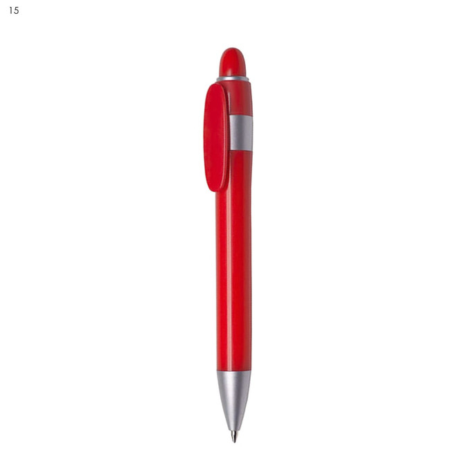 A red plastic pen with a silver clip and tip, featuring a logo on the barrel.