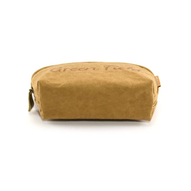 A tan kraft paper cosmetic bag with a rounded shape and a zip closure. It features a logo.