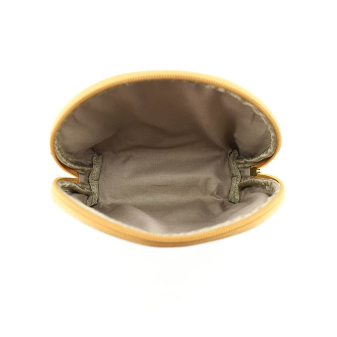 A yellow kraft paper cosmetic bag with a tan interior, featuring a zipper and no contents visible.