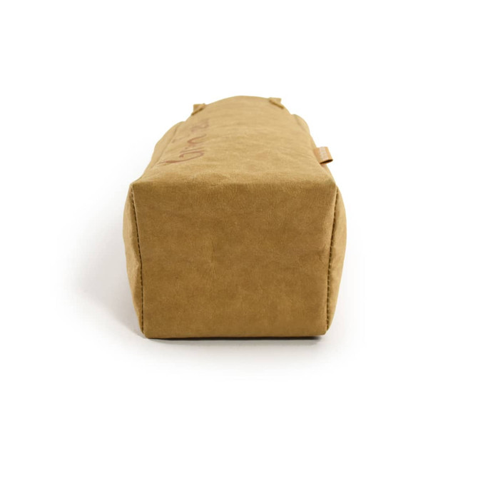 A Kraft paper wine carry bag in a light brown colour, featuring a structured rectangular base and handles.