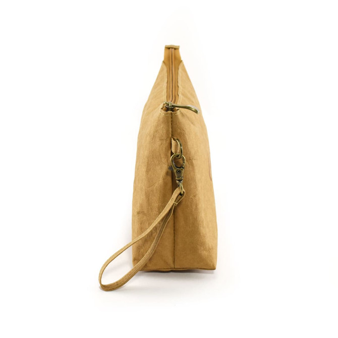 A tan kraft paper cosmetic bag with a zipper and wrist strap, featuring a small logo. Side view displayed.