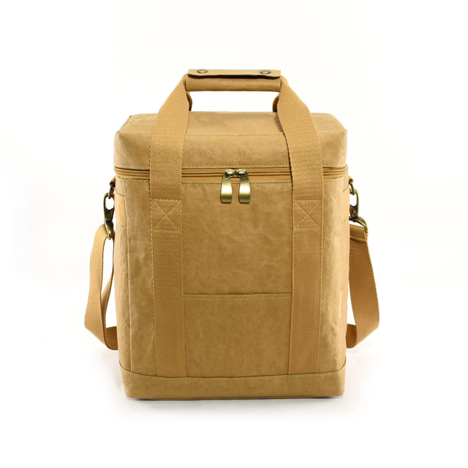 A tan kraft paper lunch cooler bag with dual handles and a detachable shoulder strap. It features a front pocket and a zip closure.