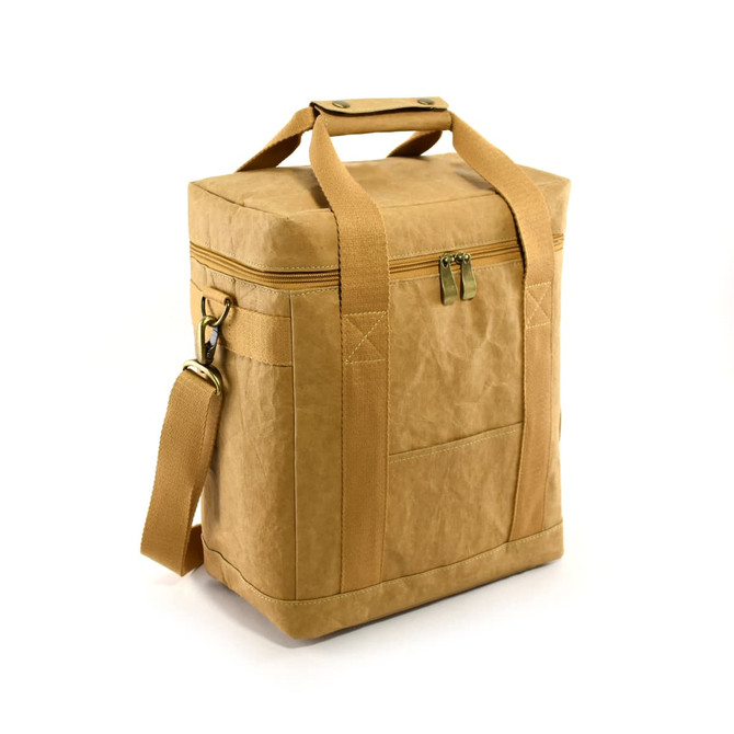 A tan Kraft paper lunch cooler bag with handles and a detachable shoulder strap, featuring a zippered closure.