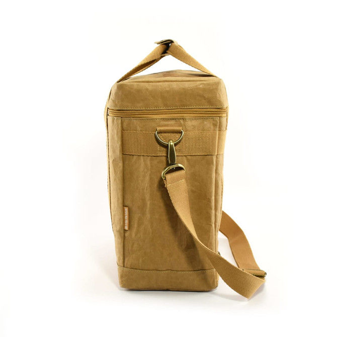 A tan Kraft paper lunch cooler bag with a shoulder strap and a ring handle, featuring a branded logo.