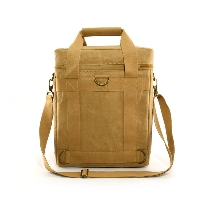 A tan paper lunch cooler bag with dual handles and a removable shoulder strap, featuring a metallic accent.