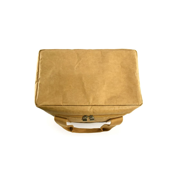 A brown kraft paper lunch cooler bag with a zip closure and a handle, featuring a simple design.