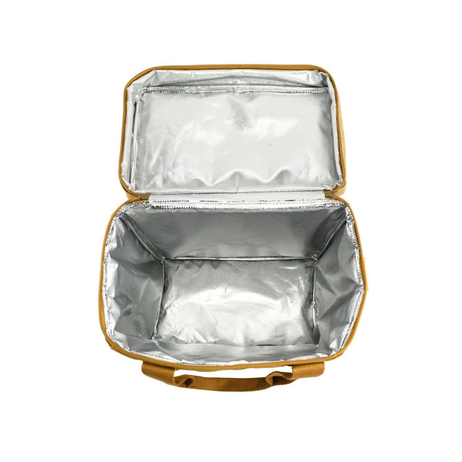 A brown kraft paper lunch cooler bag with a silver insulated interior and a handle, featuring a branding logo.