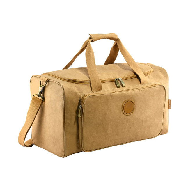 A tan kraft paper duffle bag with a shoulder strap and a round logo. It features handles and a zip closure.