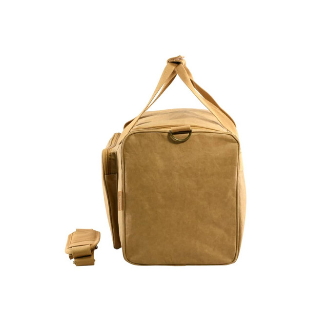 A tan kraft paper duffle bag with a shoulder strap and a simple design, featuring a small logo.
